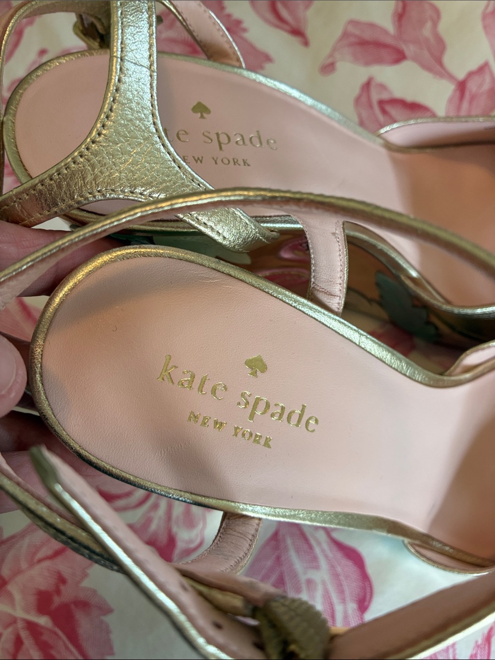 kate spade Gold Platform Wedge Sandals with Pink Flamingo and Teal Leaf Accents - Picture 4 of 8